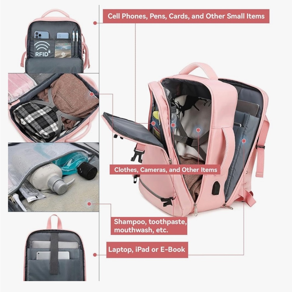 Airline Flight approved extra large capacity, travel laptop backpack 35L pink - Picture 4 of 16